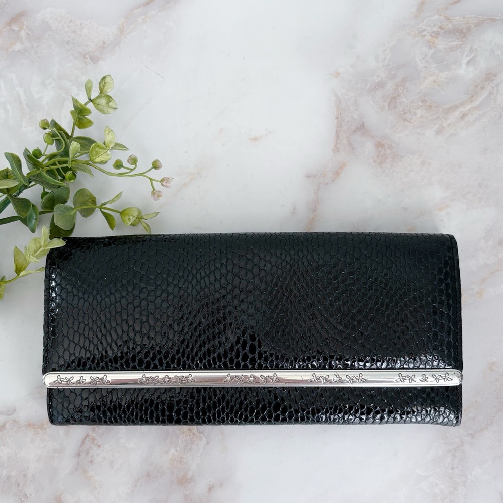 Brighton Black Patent Leather Clutch Silver Hardware Trim